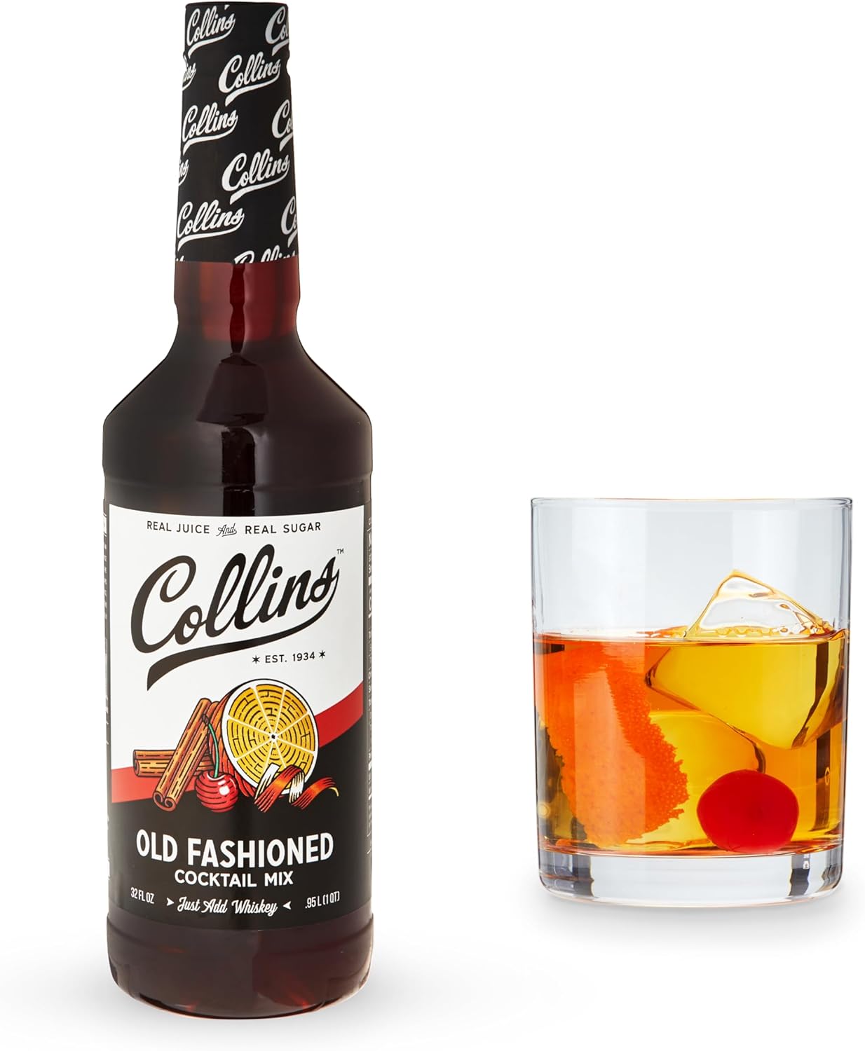Collins Old Fashioned Mixer bottle on a bar counter