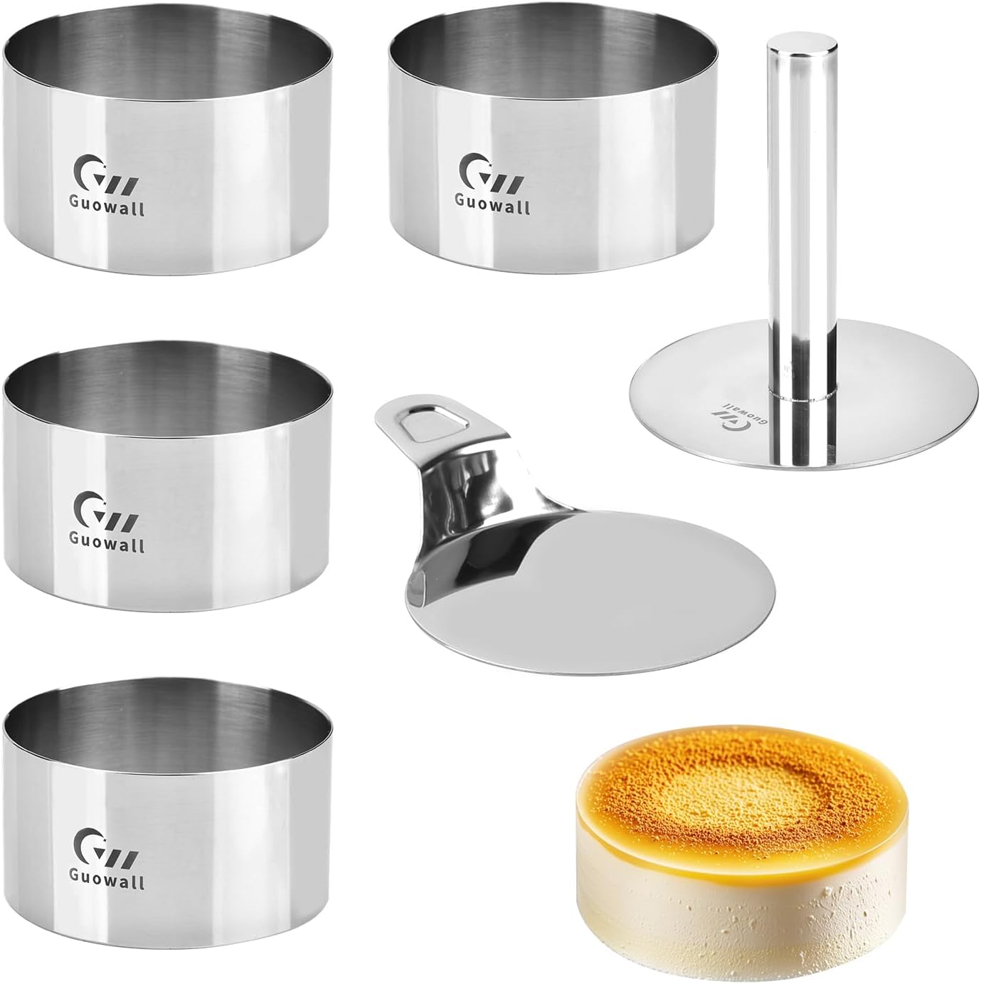 Guowall Cake Ring Set with stainless steel rings and tools on a kitchen counter